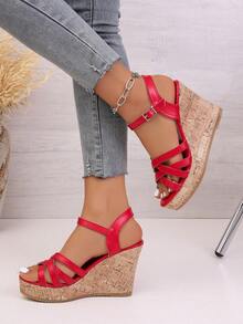 Women's Rhinestone Striped Decor Platform Sandals, Slimming Effect, Rhinestone Inlaid Stitching, Solid Glitter Pattern, Open Toe Ankle Strap, Chunky Heel, Luxurious Lady Style, Suitable For Party, Date, Daily Wear, Red Satin Material,Spring Summer Outfits - Red - View 3