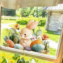 兔子复活节彩蛋花朵图案贴纸，采用高透明薄膜印刷，色彩柔和优雅。适用于窗户、墙壁、不规则形状的墙面，是家居装饰的理想之选。 - 彩色 - 查看 4