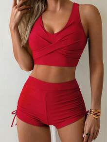 Bộ bikini nữ thời trang mới, gợi cảm, xếp ly chéo, màu đỏ, thích hợp cho kỳ nghỉ hè, đi biển. - Đỏ - Xem 1