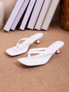 Soft Leather Square Toe Wide Strap Slide Sandals, Casual Thong Sandals With Kitten Heels For Women - White - View 2