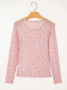 Acelitt 女士复古印花透视网纱性感修身长袖圆领上衣，海湾绿，度假风，秋季休闲度假粉色春季 - 粉色 - 查看 5