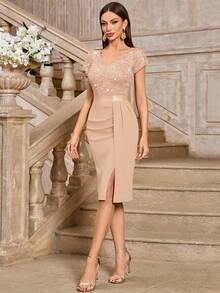 MIUSOL 优雅亮片蕾丝泡泡袖褶皱高开衩修身鸡尾酒礼服，半正式女装，适合婚礼宾客、毕业典礼、晚宴及其他场合。 - 香檳色 - 查看 9