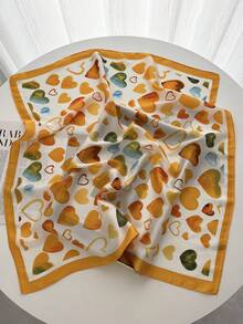 1条方形丝巾，女士缎面印花发带，头巾，时尚女士发带，披肩，围巾，女士领巾，头巾 - 黃色愛心 - 查看 2