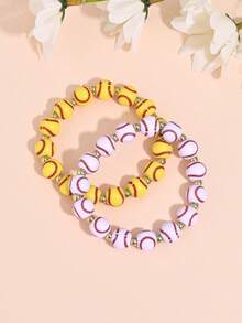 2pcs/Set Sporty Beaded Bracelet Set For Women, Minimalist Bicolor Elastic Bracelet Suitable For Daily Wear