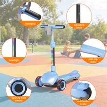 Kids 3 Wheel Electric Scooter Foldable, Lean-To-Steer, Thumb Throttle, LCD Screen, Light-Up Wheels & Deck, 3 Adjustable Heights, 6.5" Wheels, 5 MPH, Gift For Boys & Girls - Blue - View 6