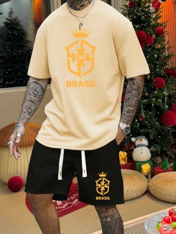 Conjunto Masculino Brasil Camiseta em Algodão + Shorts Shorts Mauricinho em Tactel Estampa Esportiva Casual Streetwear Verão Copa Do Mundo Futebol Seleção Brasileira Esporte - Bege - Visão 1