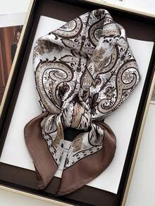 1pc 70cm Square Satin Scarf With Fashionable Paisley Print, Women's Shawl, Neck Scarf, Headband, Floral Pattern, Suitable For Dresses - Caramel Cashews - View 1