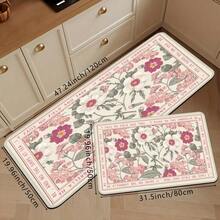 1/2/3pcs HUAJI Luxury Soft Pink/Beige/ Floral Non-Slip Mat - Heavy-Duty Rectangular Mat, High-Density Mat, Bathroom, Hallway - Machine Washable, Pink Tulip & Green Leaf Pattern (Easy Clean) - 17x24+17x47吋(2件) - 查看 2