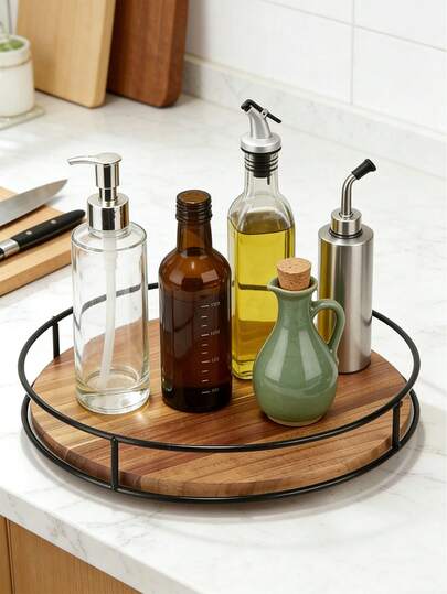 1pc 360 Degree Rotating Wooden Storage Rack With Handle, Suitable For Cabinet, Pantry, Countertop, Fridge, Utility Room, Wooden Swivel Tray, Home Organization, Kitchen, Living Room, Bedroom, Bathroom