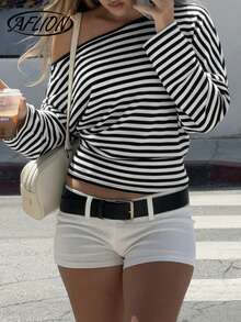 Aflion 女士春夏新款黑白条纹荷叶边单肩长袖露脐上衣 - 柔软弹力Y2K波西米亚性感简约百搭风格，适合情人节约会、狂欢派对、音乐会、购物、日常休闲及夜间外出。 - 黑與白 - 查看 5