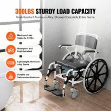 Silla de ruedas de ducha, 17,5 pulgadas de ancho de aleación de aluminio silla de ruedas de baño para ducha interior, silla de ducha rodante ajustable con freno para adultos discapacitados, silla de transporte de comoda de ducha de capacidad de 300 libras - Blanco y Negro - Ver 3