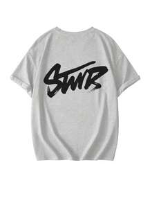 夏季新款休闲手写艺术字母印花圆领短袖T恤，时尚百搭女式上衣 - 淺花灰 - 查看 5