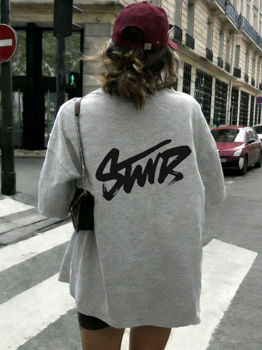 夏季新款休闲手写艺术字母印花圆领短袖T恤，时尚百搭女式上衣 - 淺花灰 - 查看 1