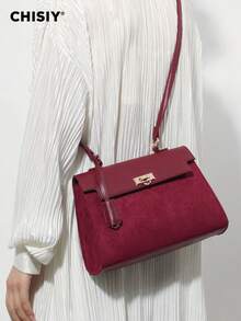 1 件时尚勃艮第天鹅绒拼布简约手提包，适合商务、休闲、购物和学校，正面扭锁手提包，带肩带，斜挎包，百搭复古魅力，优雅独特的女性风格，适合任何场合 - 酒紅色 - 查看 3