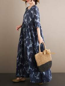 2026 女士夏季连衣裙，波西米亚风沙滩度假连衣裙，大码休闲宽松A字连衣裙，圆领，褶裥，蝙蝠袖，带口袋，蓝色树叶印花，优雅 - 藏蓝色 - 查看 3