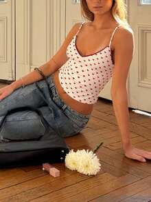 Women Polka Dot Spaghetti Strap Tank Tops Y2K Fairycore Lace Trim Corset Camisole V Neck Slim Cami Tops Cute Lace Trim Crop Tops For Summer Going Out Tops Sweet T-Shirt Casual Streetwear - Trái tim đỏ - Xem 8