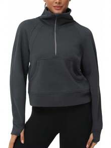¡RecomendadoSudadera con Media Cierre para Mujer, de Forro Polar, Cuello Alto, con Bolsillos, Agujero para el Pulgar¡Top de Temporada - Gris oscuro - Ver 12