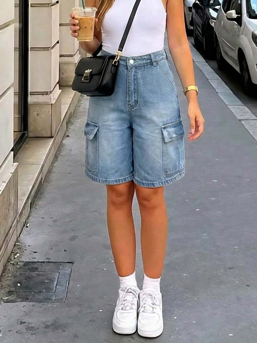 Shorts vaqueros casuales y holgados con múltiples bolsillos para mujer - Lavado ligero - Ver 1