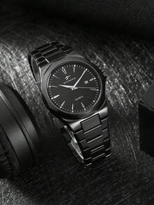 RICECGO 1pc Men's Black Wrist Watch With Stripe Markings, Business Date Quartz Watch, Gift For Party, Wedding, Beach, Valentine's Day - Black - View 3