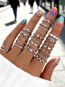 23Pcs Women's Rose Gold Tone Stackable Rings Set - Star Moon Evil Eye Crystal Wave Chain Oval Stone Fashion Finger Jewelry For Daily & Party Wear - Multicolor - View 2