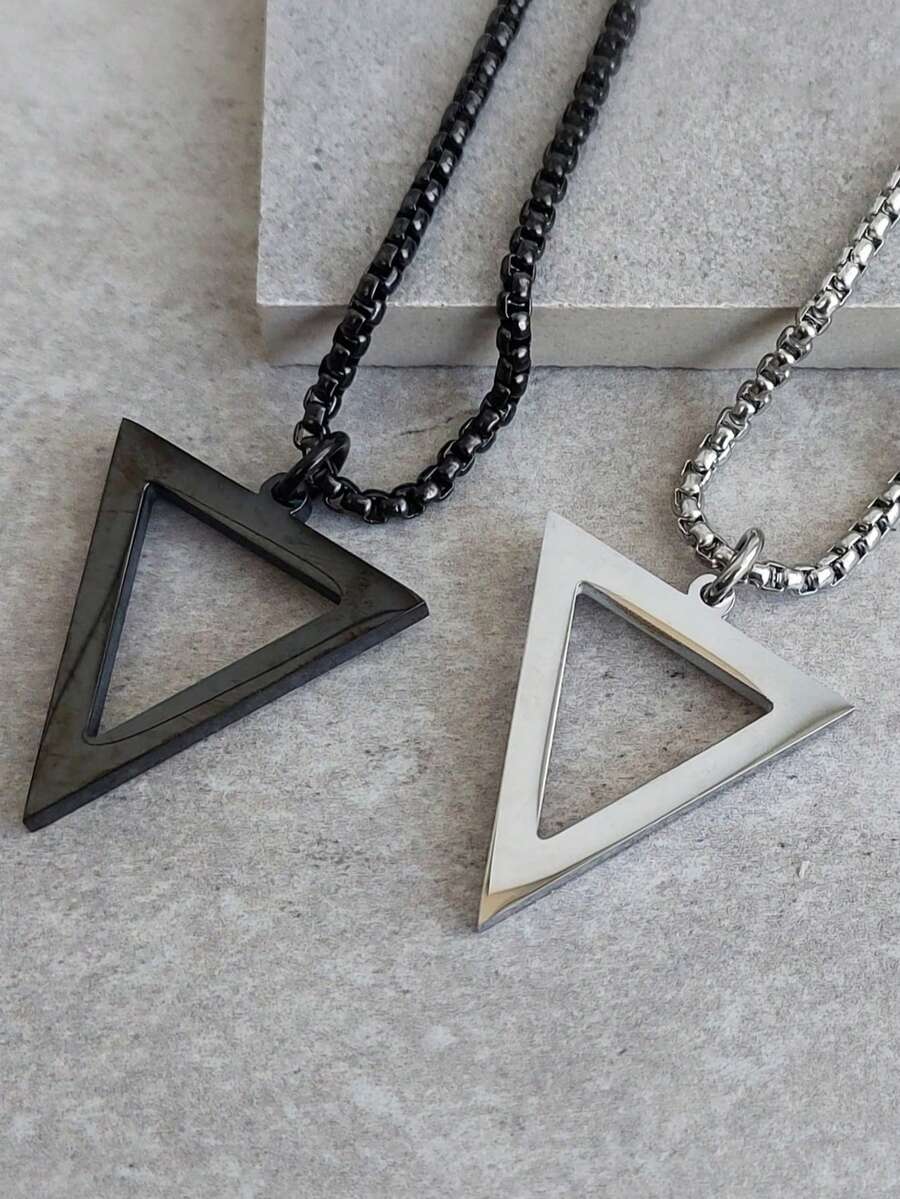 男士不锈钢几何三角形吊坠项链套装（2件套）| 黑/银极简设计组合 | 适合日常通勤、街头穿搭、派对、休闲场合 | 情人节、生日、圣诞节、周年纪念日送给男友的绝佳礼物 - 套裝 - 查看 1