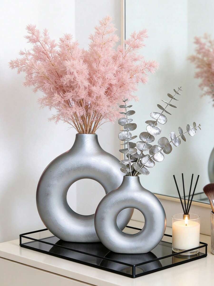 北欧极简圆形花瓶套装,婚礼中心装饰花瓶,波西米亚风圆形花瓶,现代极简圆形花瓶,适用于人造干花,适用于家居装饰、软装、房间装饰、客厅装饰、桌面装饰、餐桌装饰、摆件、礼品 - 銀色- - 查看 1