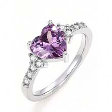 1 Pc 18K Gold Plated Stainless Steel Natural Amethyst CZ Heart Ring Fashion Wedding Jewelry For Women Valentine Mother Day Best Friend Gift - 紫色 - 查看 3