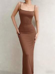 Vestido De Tirantes Con Cola De Sirena De Color Sólido Para Mujeres,vestidos elegantes para fiesta - Marrón - Ver 1