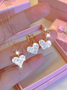 3件套优雅Y2K风格铂金镀层水钻心形耳环项链首饰套装，百搭日常佩戴、约会、派对、送礼亲友、情人节、四季皆宜（无包装盒） - 彩色 - 查看 1
