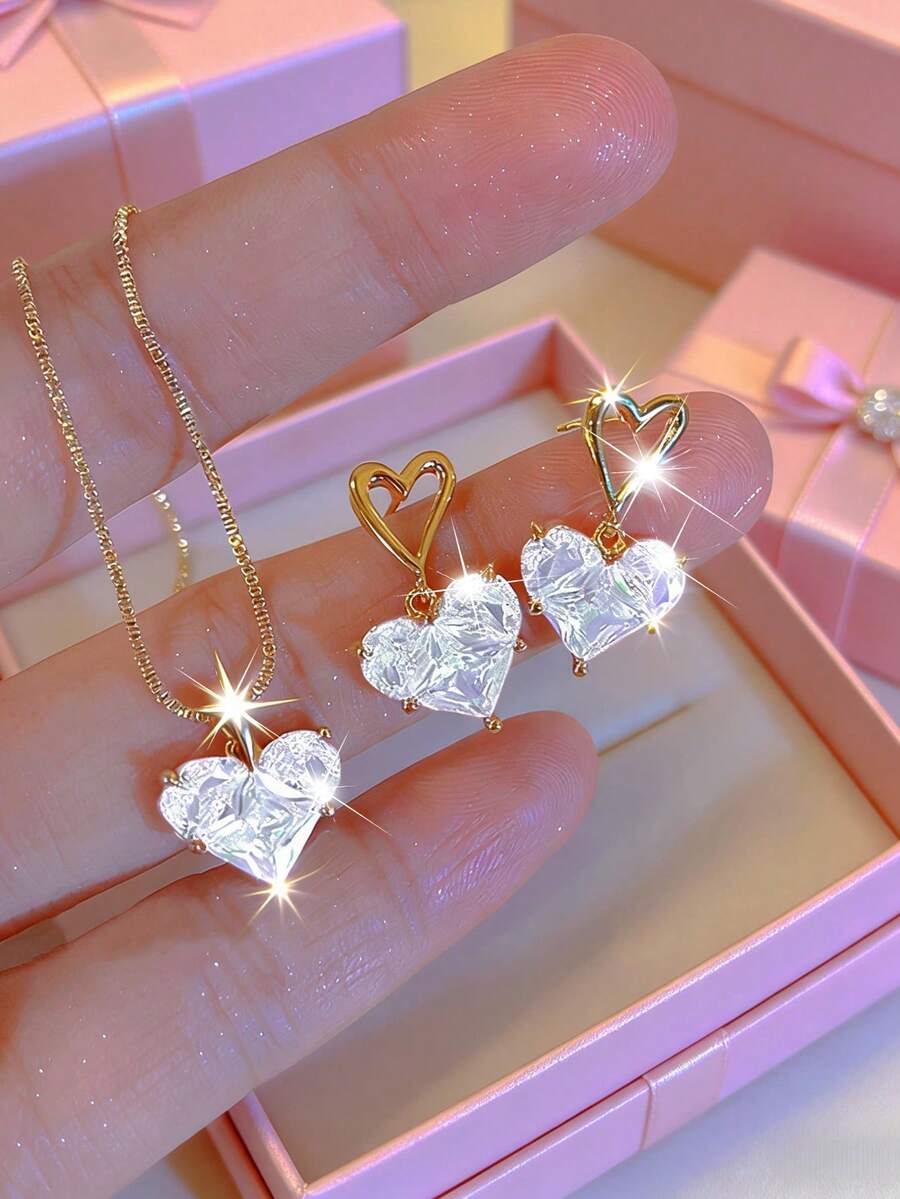 3件套优雅Y2K风格铂金镀层水钻心形耳环项链首饰套装，百搭日常佩戴、约会、派对、送礼亲友、情人节、四季皆宜（无包装盒） - 彩色 - 查看 1