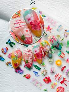 1 Sheet Fresh & Sweet Spring Vibe Nail Art Stickers, Featuring Pearlescent Iridescent Design With Floral Bouquet, Fruits (Peach, Grapefruit), Bow, Mini Bottle, Teacup, Puppy, Camera & Other Daily Items, Creating A Lovely Lifestyle Atmosphere, Suitable For Personal DIY And Nail Decoration - Multicolor - View 1