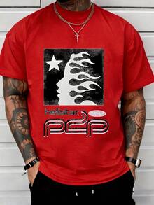 1pcs Star Flame Silhouette Men's 220g T Shirt Retro Streetwear 100% Cotton Y2K Swag Graphic Men Clothes Vintage Aesthetic Digital Printed T Shirt Gifts For Women/Men Summer Outfits For Women/Men Vacation Outfits Men - Đỏ - Xem 5
