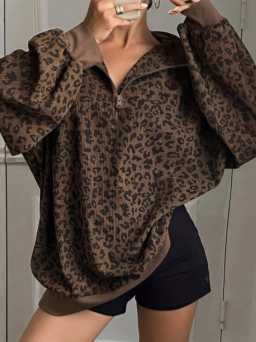 Women's Leopard Print Corduroy Collar Loose Fit Pullover Casual Sweatshirt Y2k,Women's Leopard Print Long Sleeve Zip-Up Drawstring Hooded Casual Loose Sweatshirt - 棕色*旗艦款 - 查看 1