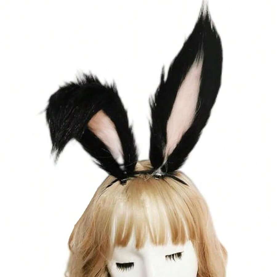 Cute Rabbit Ears Headband Long Furry Dog Ears Animal Cosplay Headband (Black Pink) - BlackLightPink - 查看 1