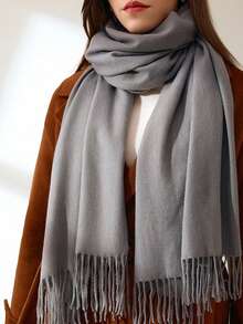 1pc Reversible Solid Color Fleece-Like Polyester Casual Scarf, Suitable For Spring, Autumn And Winter. 1pc Classic Herringbone Fringed Solid Color Wool Scarf, Unisex Fashion Casual Windproof Warm Shawl, Comfortable Blanket Scarf For Daily Wear,Festival,Beach Cover Up - Dark Grey - View 2