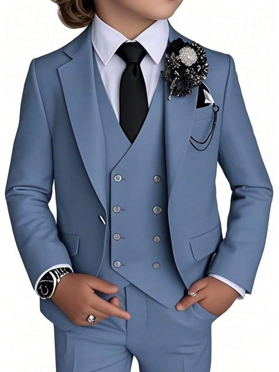 Stylish Boys 4 Piece Slim Fit One Button Formal Suit Set With Tie For Wedding Prom Party - Dusty Blue - View 1
