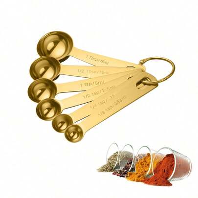 6pcs Stainless Steel Measuring Spoon Set, Dry & Wet Ingredient Measuring Spoons With Metric & Imperial Scales, Stackable Kitchen Tool Set, Suitable For Liquid, Solid And Powder, With Portable Hanging Hook - Baking Accessories, Cooking Accessories, Kitchen Gadgets