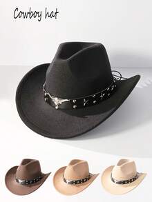 1pc Men's And Women's Western Cowboy Hat, Classic Wide-Brimmed Cowboy Hat, Black Five-Pointed Star Belt And Silver Cow Head Decoration. Suitable For Daily Wear And Outdoor Gatherings, Parties, Music Festivals, Wedding Season, Back-To-School Season, Valentine's Day. Men's Cowboy Hat, Women's Cowboy Hat
