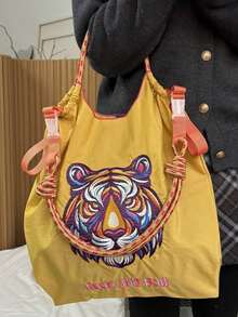 1pc New Casual Embroidered Cute Tiger Head Pattern Lightweight Foldable Large Capacity Nylon Tote Bag, Adjustable Shoulder Strap, Suitable For Commuting, Party - Multicolor - View 6