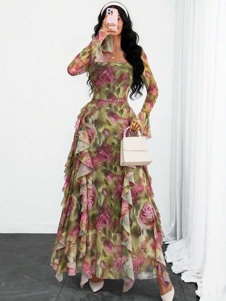 فستان نسائي أنيق وحديث وفاخر بأكمام طويلة وطبعة نمر مجردة ذو طبقتين من الكشكشة بطراز Y2K الرومانسي - متعدد الألوان - مشاهدة 1