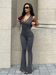 Women's V-Neck Lace Trim Jumpsuit, Commuter Outfit, Summer, Valentine's Day - Grey - View 2