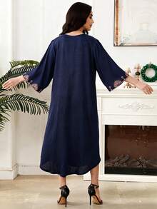 2026新款斋月传统优雅V领七分袖刺绣长袍女装