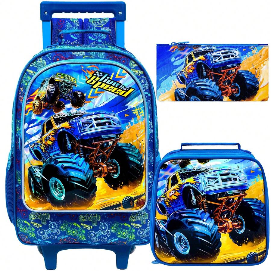 3pcs/Set Car Shaped Rolling Backpack, Boys' Children Wheeled Backpack, UV Printed Trolley Backpack Set With Lunch Box