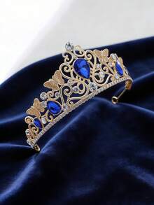 1pc Vintage Ruby Rhinestone Crown, Butterfly Embossed Ornate Headpiece For Party - Multicolor - View 10