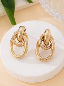 1 Pair Textured Gold Tone Retro Twisted Geometric Design Stud Earrings For Women - Yellow Gold - View 2
