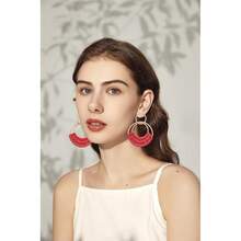 Raffia Hoop Earrings For Women Fun Boho Summer Beach Earrings Lightweight Handmade Straw Wicker Rattan Dangle Earrings Statement Geometric Round Drop Earrings - 紅圓 - 查看 8