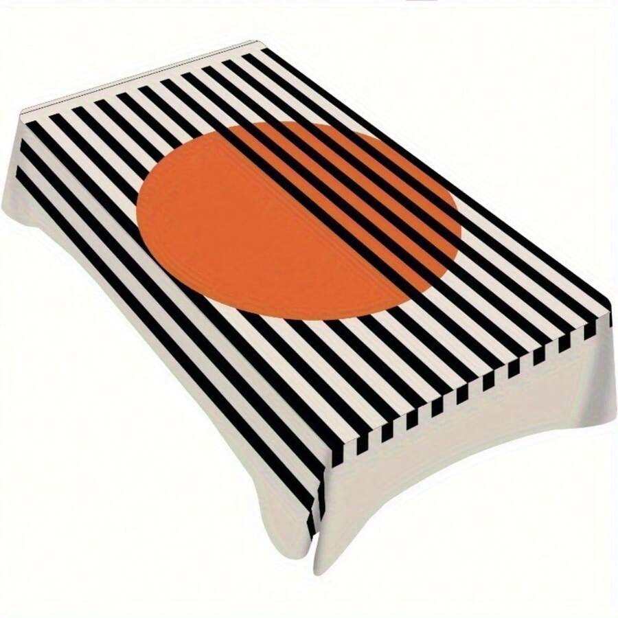 1pc Bauhaus Black-White-Orange Pattern Tablecloth With Mid-Century Modern (Stripes & Circles) Detail, Machine-Washable Polyester Fabric, With Durable, Easy-Clean, Stain-Resistant, Consistent Quality Functions, Mid-Century Modern Style, Tablecloth/Dining & Coffee Table Cover, Suitable For Wedding, Birthday, Bridal Shower, Daily Use, Kitchen & Party - 印花1 - 查看 1