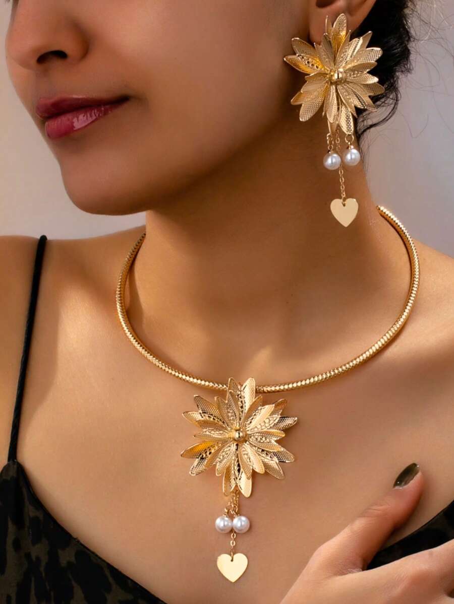 Fashionable Exaggerated Geometric 3D Heart & Sunflower Pendant Tassel Necklace & Earrings Jewelry Set, Party Gift For Women - Gold - View 1