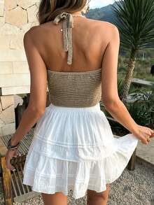 Live To Mo 女士夏季上衣，Y2K 性感露背垂褶领吊带露脐上衣，完美适用于派对、约会、海滩度假、情人节和日常穿着。 - 卡其色 - 查看 2