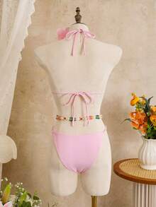 2026新款欧美优雅性感可爱休闲系带露背沙滩/晚宴/约会套装，4件套，夏季 - 淺粉色 - 查看 8